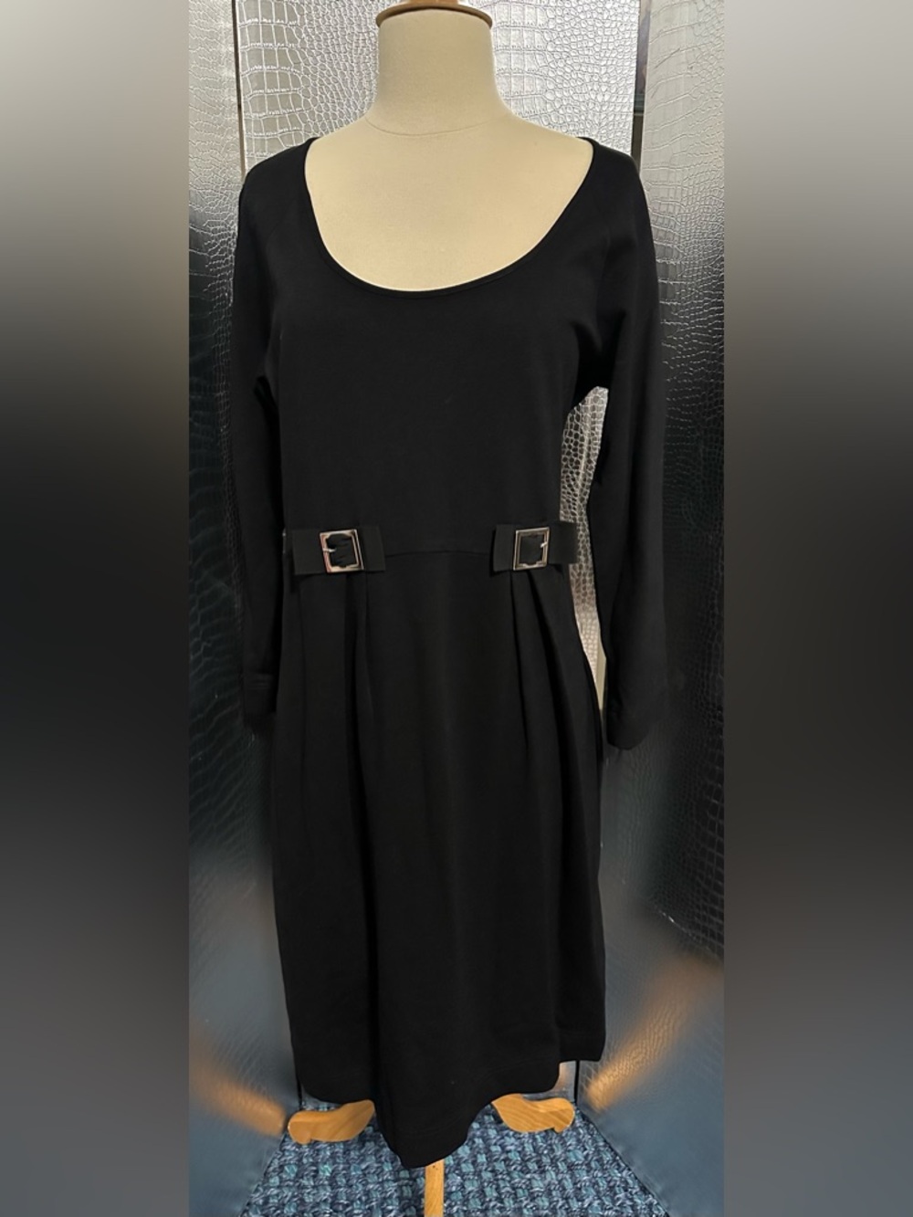 Charles Nolan Scoop Neck Black Long-Sleeve Midi Dress with Waist Buckles